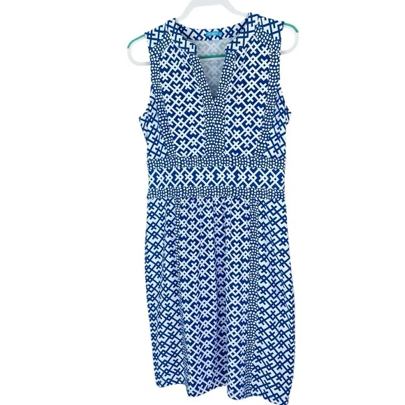 J McLaughlin Lola Dress Geo Audio Blue And White Print Catalina Cloth Medium - Picture 4 of 8